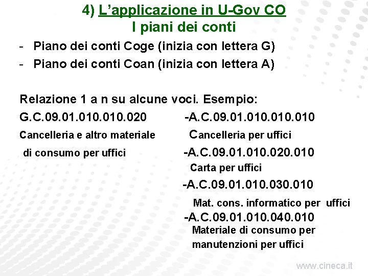 4) L’applicazione in U-Gov CO I piani dei conti - Piano dei conti Coge