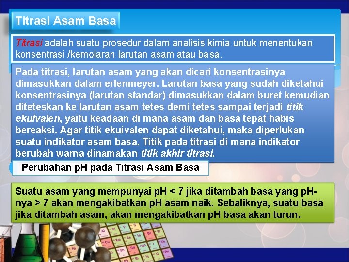 Titrasi Asam Basa Titrasi adalah suatu prosedur dalam analisis kimia untuk menentukan konsentrasi /kemolaran