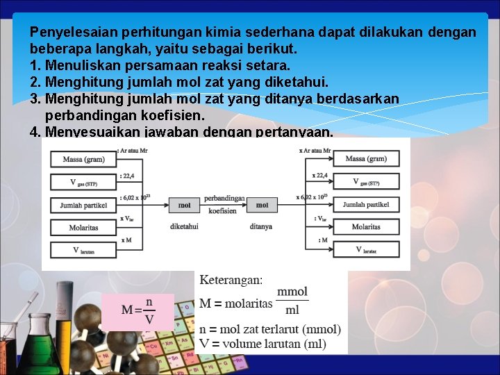 Penyelesaian perhitungan kimia sederhana dapat dilakukan dengan beberapa langkah, yaitu sebagai berikut. 1. Menuliskan