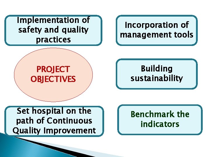 Implementation of safety and quality practices Incorporation of management tools PROJECT OBJECTIVES Building sustainability