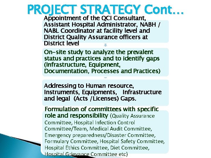 PROJECT STRATEGY Cont… Appointment of the QCI Consultant, Assistant Hospital Administrator, NABH / NABL