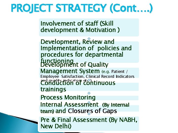 PROJECT STRATEGY (Cont…. ) Involvement of staff (Skill development & Motivation ) Development, Review