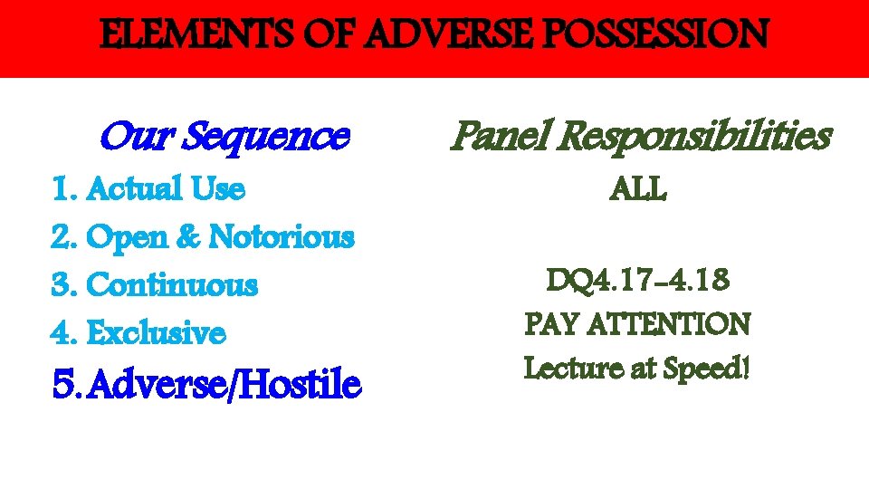 ELEMENTS OF ADVERSE POSSESSION Our Sequence 1. Actual Use 2. Open & Notorious 3.