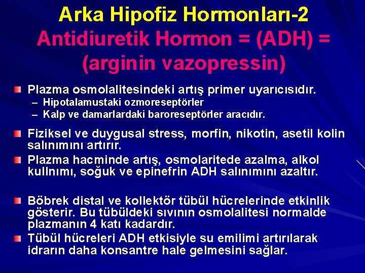 Arka Hipofiz Hormonları-2 Antidiuretik Hormon = (ADH) = (arginin vazopressin) Plazma osmolalitesindeki artış primer