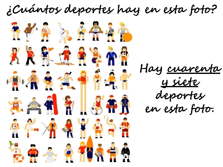 ¿Cuántos deportes hay en esta foto? Hay cuarenta y siete deportes en esta foto.