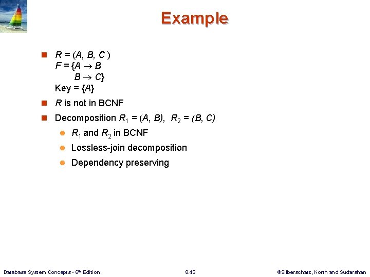 Example n R = (A, B, C ) F = {A B B C}