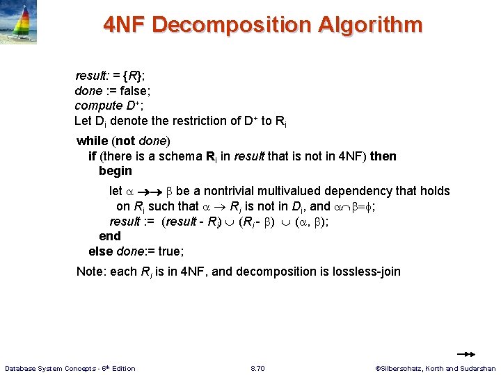 4 NF Decomposition Algorithm result: = {R}; done : = false; compute D+; Let