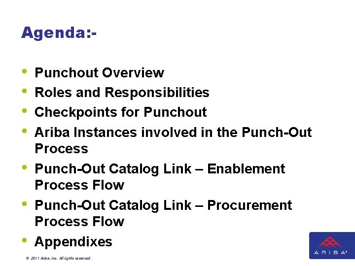 Agenda: - • • Punchout Overview Roles and Responsibilities Checkpoints for Punchout Ariba Instances Agenda: - • • Punchout Overview Roles and Responsibilities Checkpoints for Punchout Ariba Instances