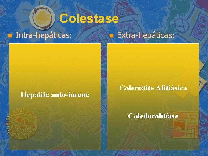 Colestase Intra-hepáticas: Hepatite auto-imune Extra-hepáticas: Colecistite Alitiásica Coledocolitíase 