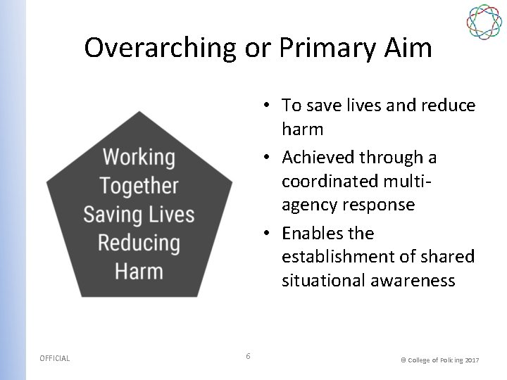 Overarching or Primary Aim • To save lives and reduce harm • Achieved through