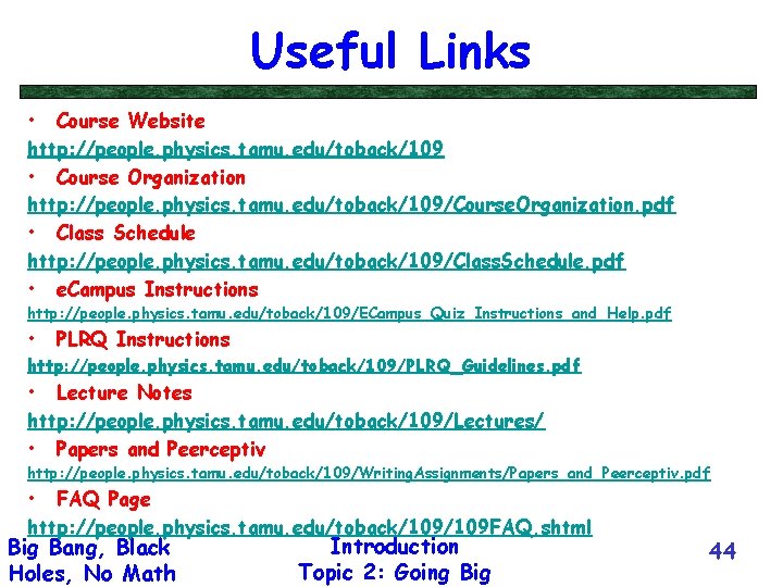 Useful Links • Course Website http: //people. physics. tamu. edu/toback/109 • Course Organization http: