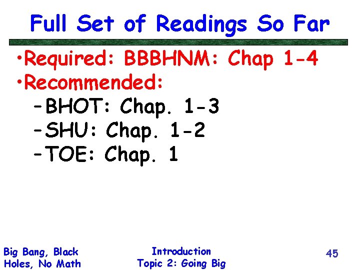 Full Set of Readings So Far • Required: BBBHNM: Chap 1 -4 • Recommended: