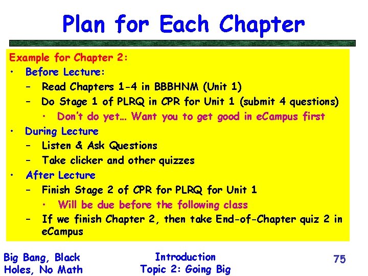 Plan for Each Chapter Example for Chapter 2: • Before Lecture: – Read Chapters