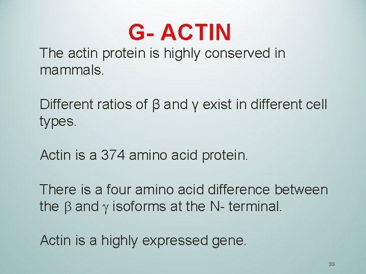 G- ACTIN The actin protein is highly conserved in mammals. Different ratios of β