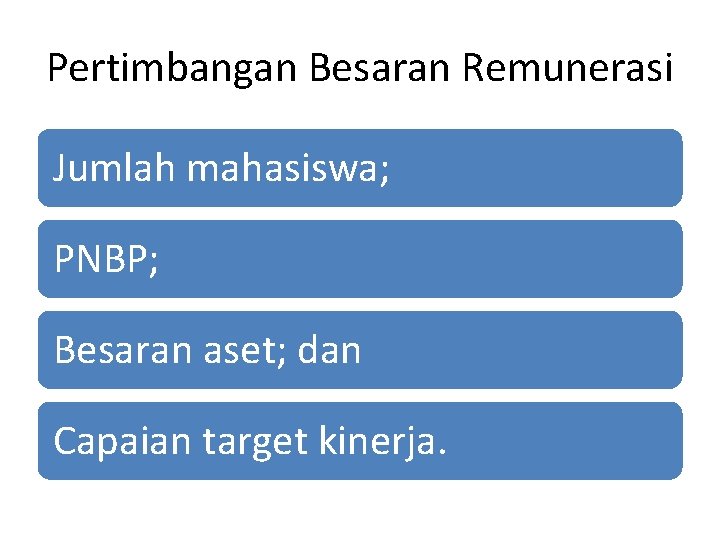 Pertimbangan Besaran Remunerasi Jumlah mahasiswa; PNBP; Besaran aset; dan Capaian target kinerja. 