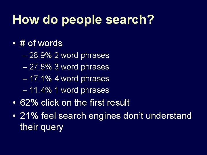 How do people search? • # of words – 28. 9% 2 word phrases