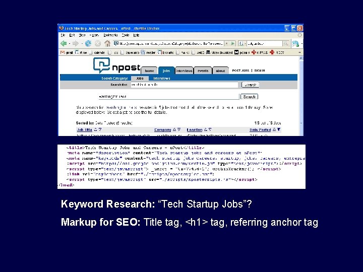 Keyword Research: “Tech Startup Jobs”? Markup for SEO: Title tag, <h 1> tag, referring