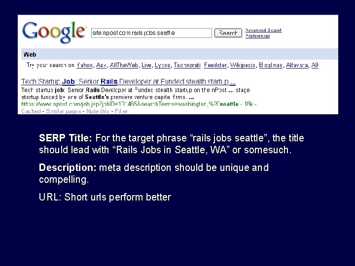 SERP Title: For the target phrase “rails jobs seattle”, the title should lead with