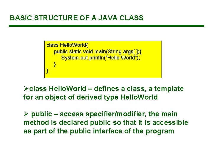 BASIC STRUCTURE OF A JAVA CLASS class Hello. World{ public static void main(String args[