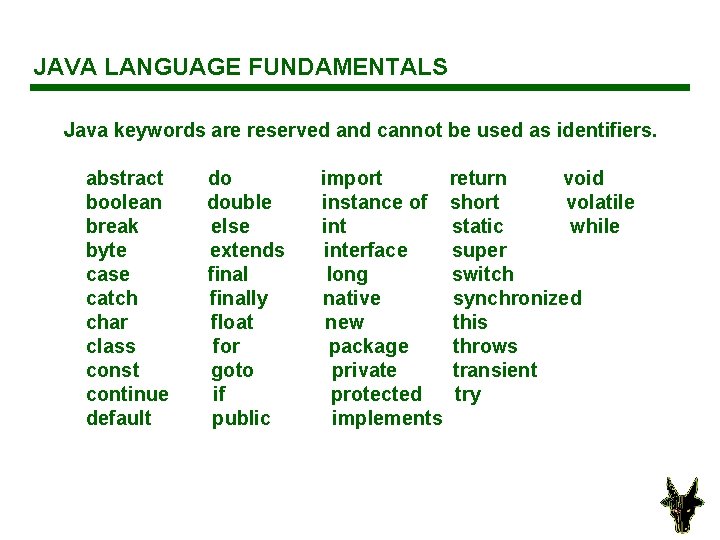 JAVA LANGUAGE FUNDAMENTALS Java keywords are reserved and cannot be used as identifiers. abstract
