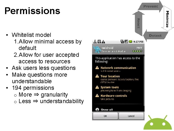 Permissions • Whitelist model 1. Allow minimal access by default 2. Allow for user