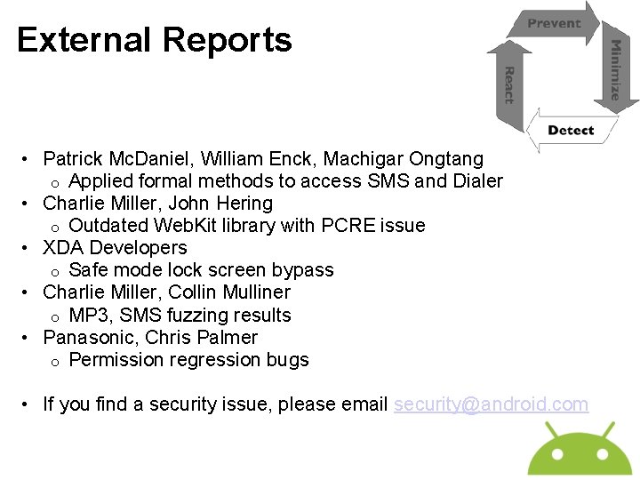 External Reports • Patrick Mc. Daniel, William Enck, Machigar Ongtang o Applied formal methods