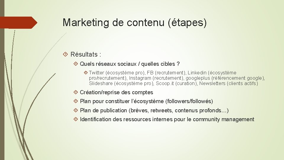 Marketing de contenu (étapes) Résultats : Quels réseaux sociaux / quelles cibles ? Twitter