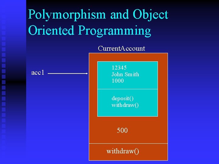 Polymorphism and Object Oriented Programming Current. Account acc 1 12345 John Smith 1000 deposit()