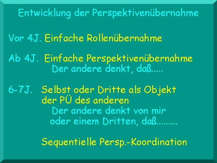 Entwicklung der Perspektivenübernahme Vor 4 J. Einfache Rollenübernahme Ab 4 J. Einfache Perspektivenübernahme Der