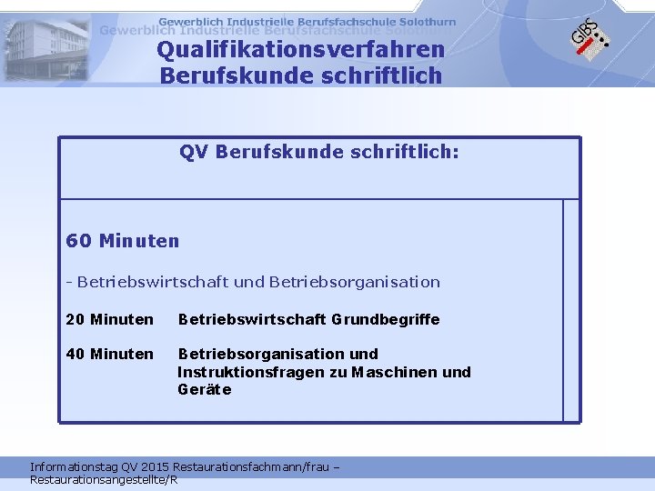 Qualifikationsverfahren Berufskunde schriftlich QV Berufskunde schriftlich: 60 Minuten - Betriebswirtschaft und Betriebsorganisation 20 Minuten