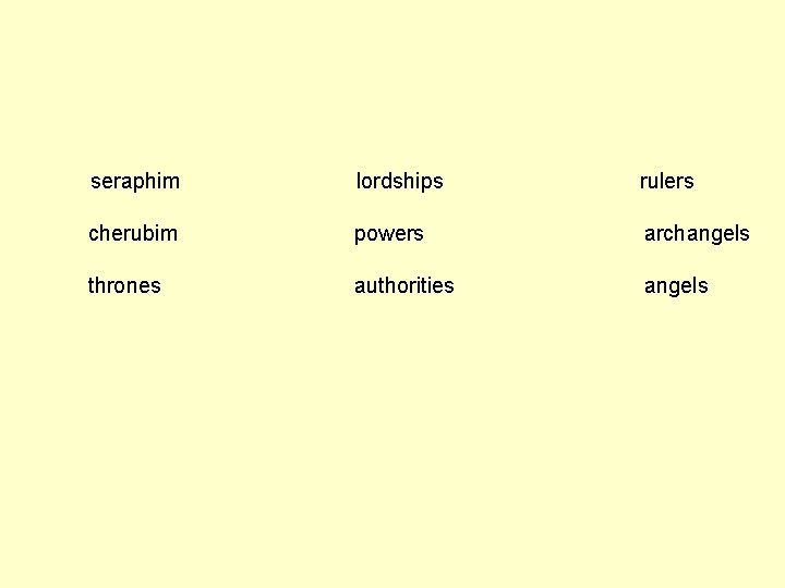 seraphim lordships rulers cherubim powers archangels thrones authorities angels 