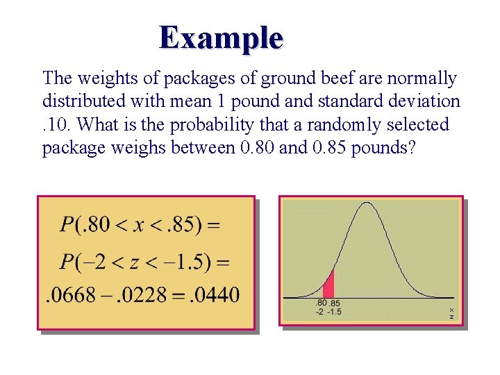 Example The weights of packages of ground beef are normally distributed with mean 1