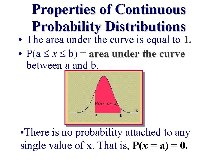 Properties of Continuous Probability Distributions • The area under the curve is equal to