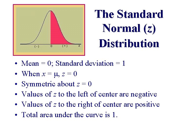 The Standard Normal (z) Distribution • • • Mean = 0; Standard deviation =