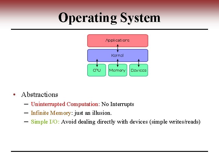 Operating System • Abstractions ─ Uninterrupted Computation: No Interrupts ─ Infinite Memory: just an