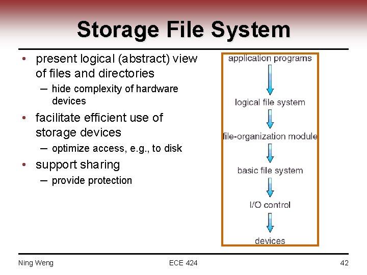 Storage File System • present logical (abstract) view of files and directories ─ hide