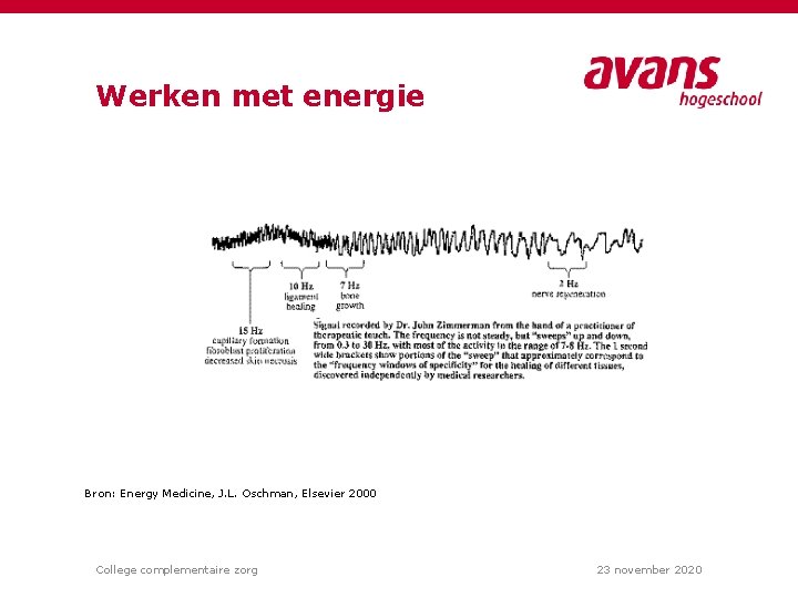 Werken met energie Bron: Energy Medicine, J. L. Oschman, Elsevier 2000 College complementaire zorg