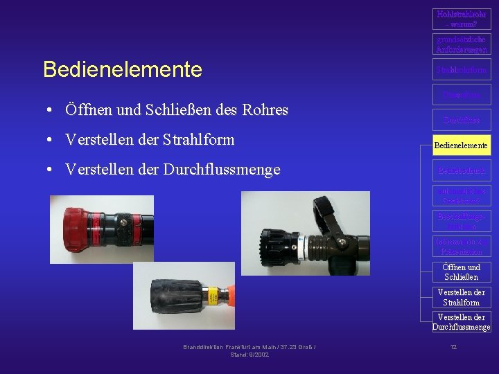 Hohlstrahlrohr - warum? grundsätzliche Anforderungen Bedienelemente • Öffnen und Schließen des Rohres • Verstellen