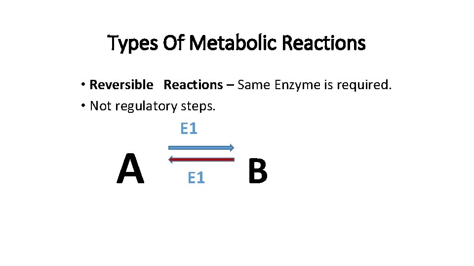 Types Of Metabolic Reactions • Reversible Reactions – Same Enzyme is required. • Not