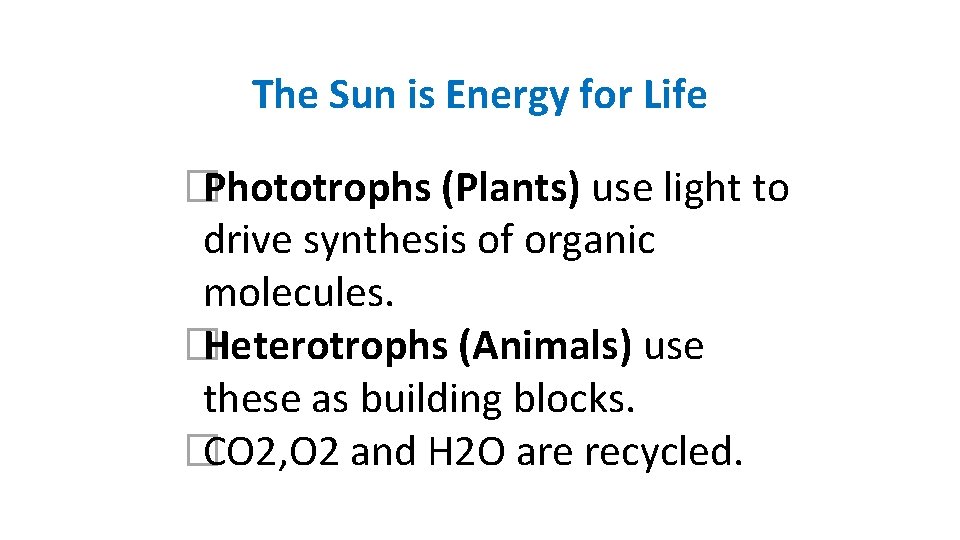 The Sun is Energy for Life �Phototrophs (Plants) use light to drive synthesis of