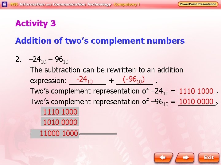 Activity 3 Addition of two’s complement numbers 2. 　– 2410 – 9610 　　The subtraction