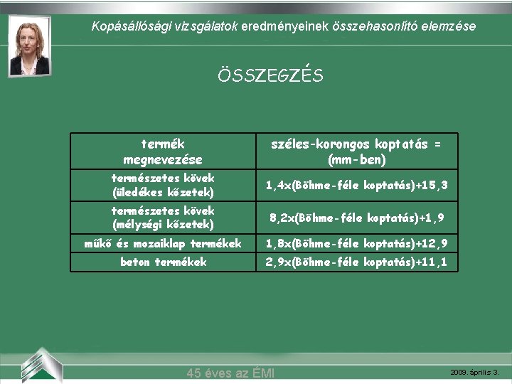 Kopásállósági vizsgálatok eredményeinek összehasonlító elemzése Belvárosi mozi (Szeged) ÖSSZEGZÉS termék megnevezése széles-korongos koptatás =