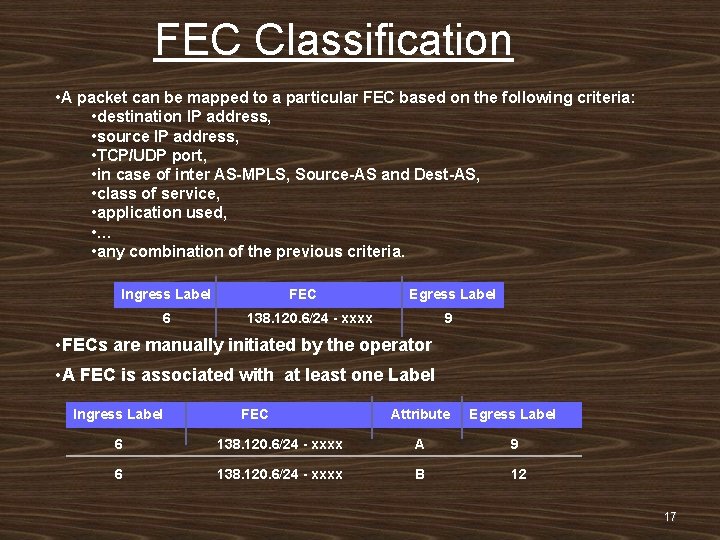 FEC Classification • A packet can be mapped to a particular FEC based on