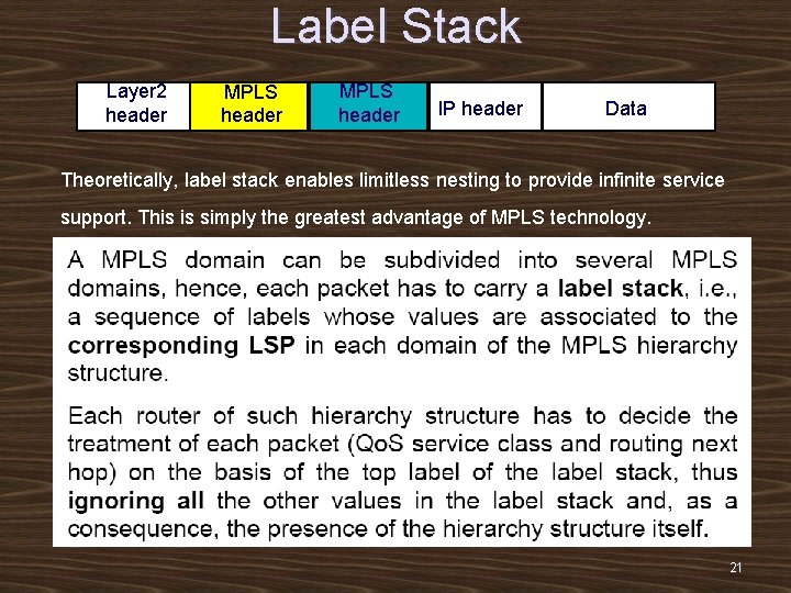 Label Stack Layer 2 header MPLS header IP header Data Theoretically, label stack enables