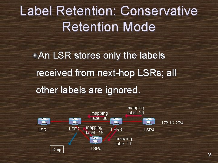 Label Retention: Conservative Retention Mode An LSR stores only the labels received from next-hop