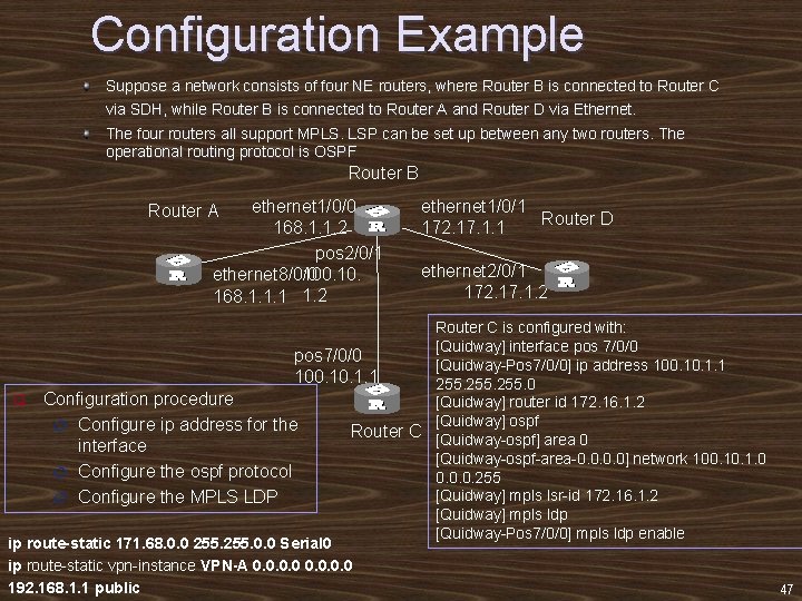 Configuration Example Suppose a network consists of four NE routers, where Router B is