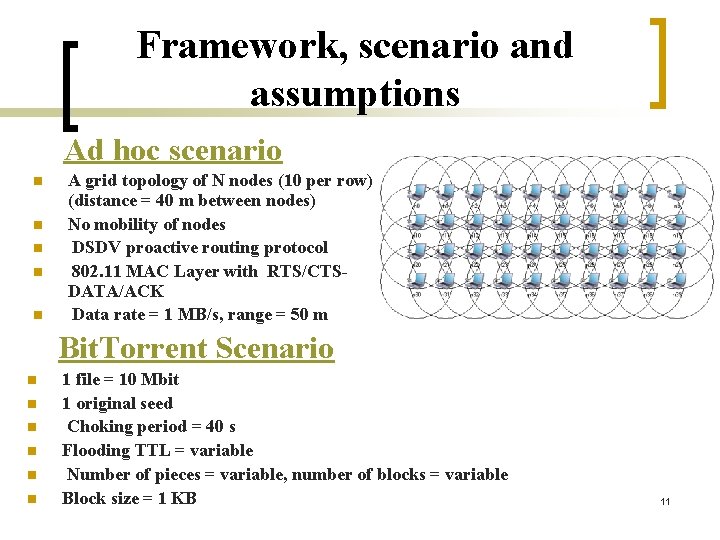 Framework, scenario and assumptions Ad hoc scenario n n n A grid topology of