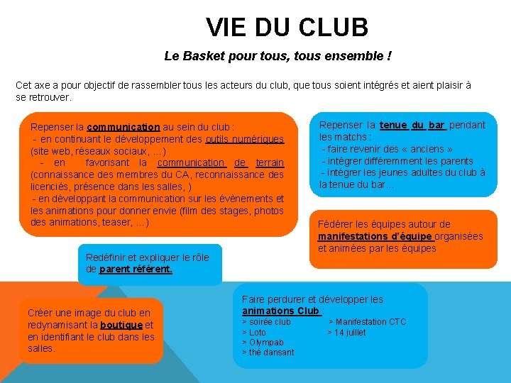 VIE DU CLUB Le Basket pour tous, tous ensemble ! Cet axe a pour