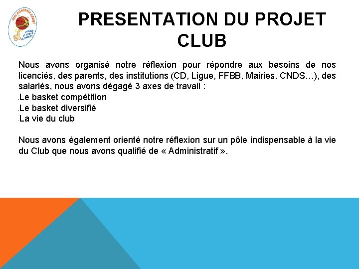 PRESENTATION DU PROJET CLUB Nous avons organisé notre réflexion pour répondre aux besoins de