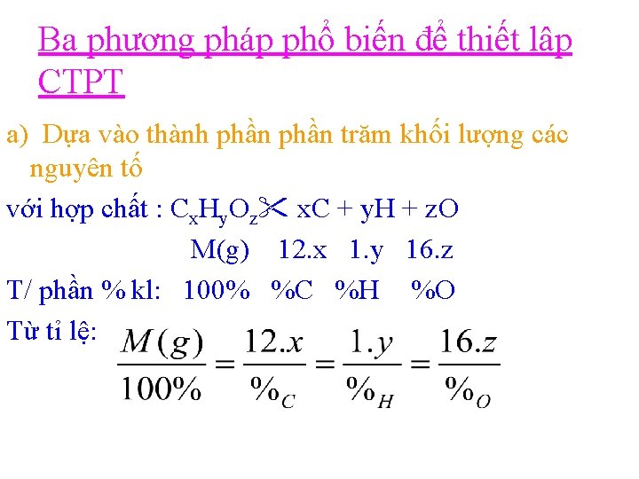 Ba phương pháp phổ biến để thiết lập CTPT a) Dựa vào thành phần